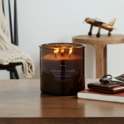23oz XL 3-Wick Leather + Embers Wooden Amber Glass With Wood Lid And Stamped Logo Amber - Thresholdâ„¢