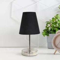 10.5" Petite Metal Stick Bedside Table Desk Lamp In Sand Nickel With Fabric Shade Black - Creekwood Home -Home Decor GUEST 28ea273b 1d08 41bb b851 e89f743db000