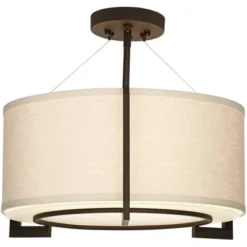 Possini Euro Design Stinson Modern Ceiling Light Semi Flush Mount Fixture 17 1/4" Wide Bronze 3-Light Linen Drum Shade For Bedroom Kitchen Living Room -Home Decor GUEST 357f78c5 acd0 470c bd31 c9b75143728f