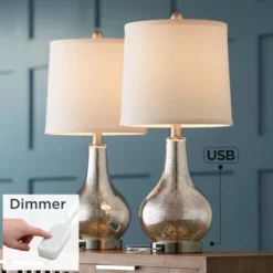 360 Lighting Ledger Modern Accent Table Lamps 21 3/4" High Set Of 2 Mercury Glass With USB Charging Port Table Top Dimmers Off-White Shade For Desk
