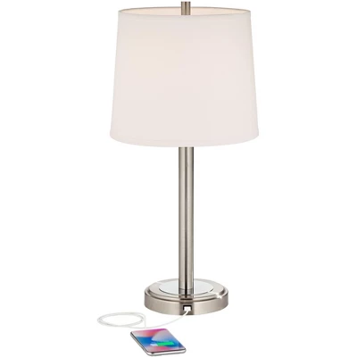 360 Lighting Camile Modern Table Lamps 25" High Set Of 2 Brushed Nickel With USB Charging Port Off White Drum Shade For Living Room Office House Desk 2 360 Lighting Camile Modern Table Lamps 25" High Set Of 2 Brushed Nickel With USB Charging Port Off White Drum Shade For Living Room Office House Desk - Image 2