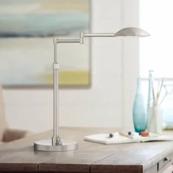 Possini Euro Design Eliptik Modern Desk Table Lamp 24 1/2" High Satin Nickel LED Swing Arm Adjustable Height For Bedroom Living Room Nightstand Office