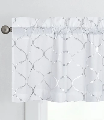Kate Aurora Living Metallic Foil Lattice Quatrefoil White & Silver Window Valance 1 Kate Aurora Living Metallic Foil Lattice Quatrefoil White & Silver Window Valance
