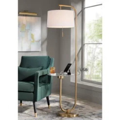 Possini Euro Design Volta Modern Floor Lamp With Tray Table 66" Tall Brass USB Charging Port White Drum Shade For Living Room Bedroom Office House