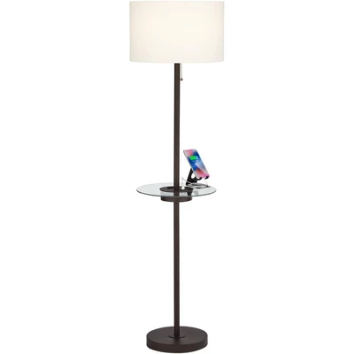 360 Lighting Caper Modern Floor Lamp With Tray Table 60 1/2" Tall Bronze USB And AC Power Outlet Off White Fabric Drum Shade For Living Room Office 2 360 Lighting Caper Modern Floor Lamp With Tray Table 60 1/2" Tall Bronze USB And AC Power Outlet Off White Fabric Drum Shade For Living Room Office - Image 2
