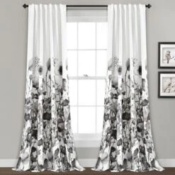 Home Boutique Zuri Flora Light Filtering Window Curtain Panels White/Black 52X84 Set