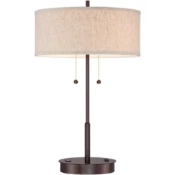 360 Lighting Modern Accent Table Lamp With USB And AC Power Outlet 23 1/2" High Bronze Fabric Drum Shade For Bedroom Living Room House Desk Bedside -Home Decor GUEST c1e2ee85 24e7 4a2c 84a4 de1275ca7557
