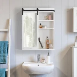 22" X 28" Wexton Decorative Farmhouse Wall Cabinet With Sliding Mirror Door White - Kate & Laurel All Things Decor -Home Decor GUEST c52c9803 79a6 4825 ae02 20a55bef7575