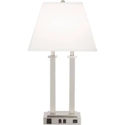 Possini Euro Design Amity Modern Table Lamp 26" High Brushed Nickel With USB And AC Power Outlet In Base White Linen Shade For Bedroom Bedside Desk -Home Decor GUEST dafc328e ce07 460d a29e 39808d233350