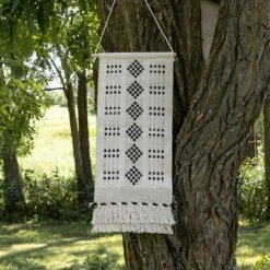 Hand Woven Geo Pattern Wall Art Black Cotton & Wood Dowel By Foreside Home & Garden