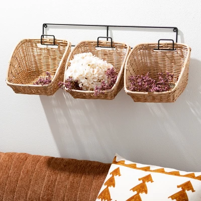 28.5"L Sullivans Natural Wall Basket Trio And Rod, Brown 2 28.5"L Sullivans Natural Wall Basket Trio And Rod, Brown - Image 2