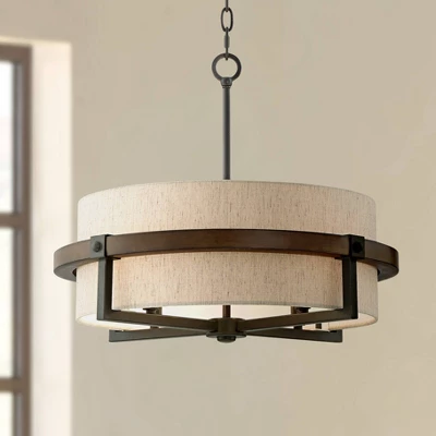Possini Euro Design Bronze Wood Finish Pendant Chandelier 22" Wide Rustic Farmhouse Tan Fabric Drum 4-Light Fixture For Dining Room House 1 Possini Euro Design Bronze Wood Finish Pendant Chandelier 22" Wide Rustic Farmhouse Tan Fabric Drum 4-Light Fixture For Dining Room House