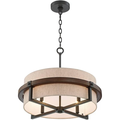 Possini Euro Design Bronze Wood Finish Pendant Chandelier 22" Wide Rustic Farmhouse Tan Fabric Drum 4-Light Fixture For Dining Room House 5 Possini Euro Design Bronze Wood Finish Pendant Chandelier 22" Wide Rustic Farmhouse Tan Fabric Drum 4-Light Fixture For Dining Room House - Image 5