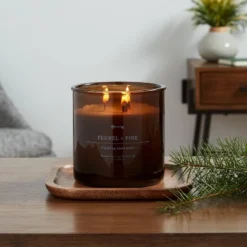 23oz XL 3-Wick Fennel + Pine Wooden Amber Glass With Wood Lid And Stamped Logo Amber Candle - Thresholdâ„¢