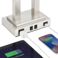 Possini Euro Design Amity Modern Table Lamp 26" High Brushed Nickel With USB And AC Power Outlet In Base White Linen Shade For Bedroom Bedside Desk -Home Decor GUEST faab9f00 a01b 4be2 963c a37ffcd0f7f1