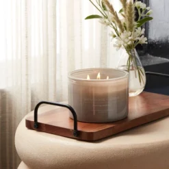 14oz Lidded Gray Glass Jar Crackling Wooden 3-Wick Candle With Clear Label Applewood + Amber - Thresholdâ„¢